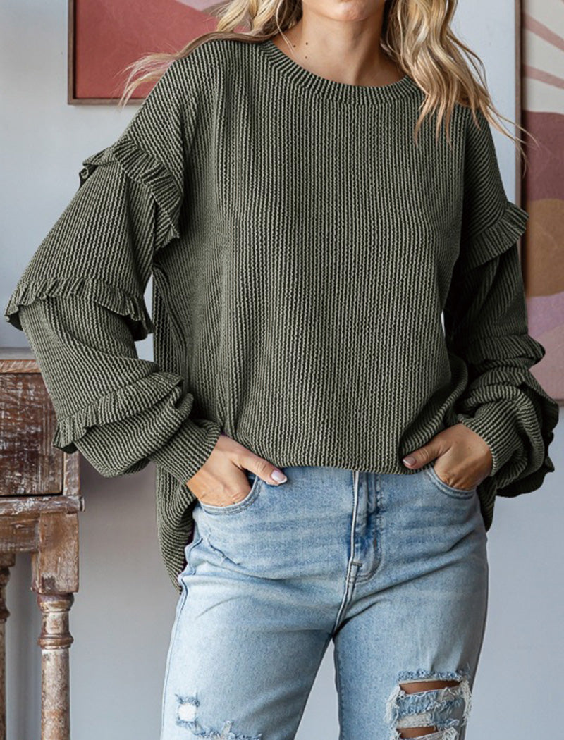 Balloon Sleeve Round Neck Pullover Top