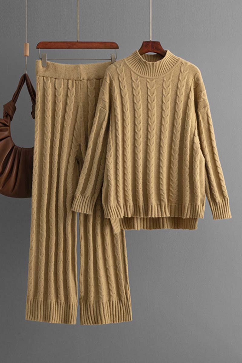 Cable Knit Mock Neck Sweater and Pants Set