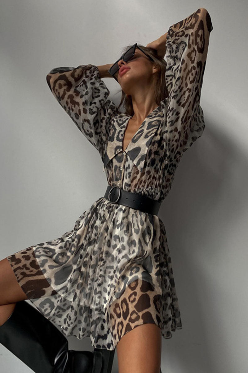 Leopard Print Belted Waist Midi Dress