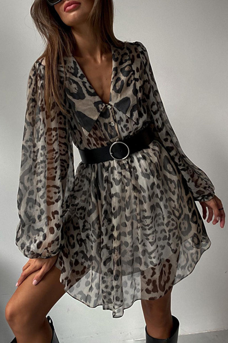 Leopard Print Belted Waist Midi Dress
