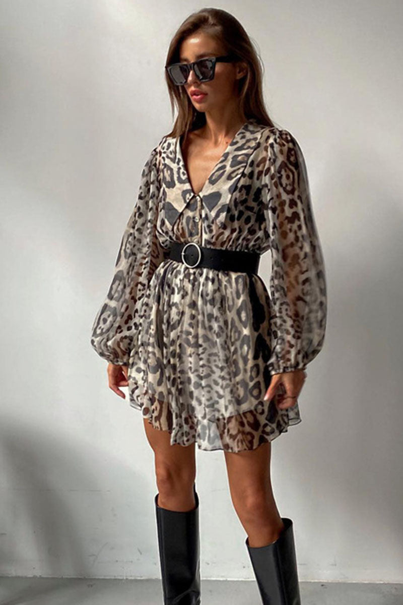 Leopard Print Belted Waist Midi Dress