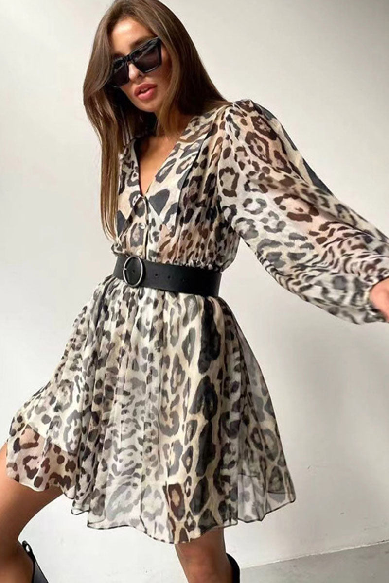 Leopard Print Belted Waist Midi Dress