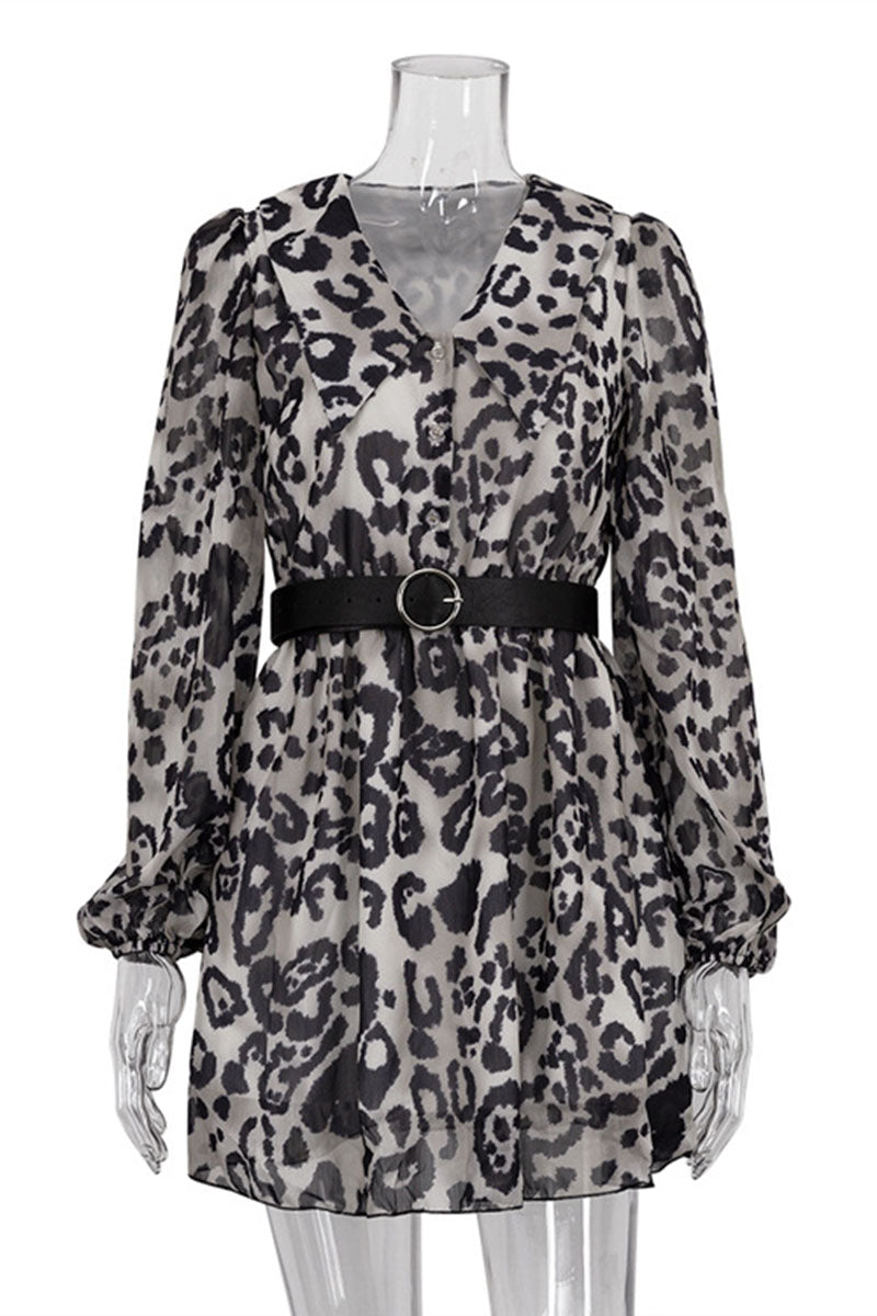 Leopard Print Belted Waist Midi Dress