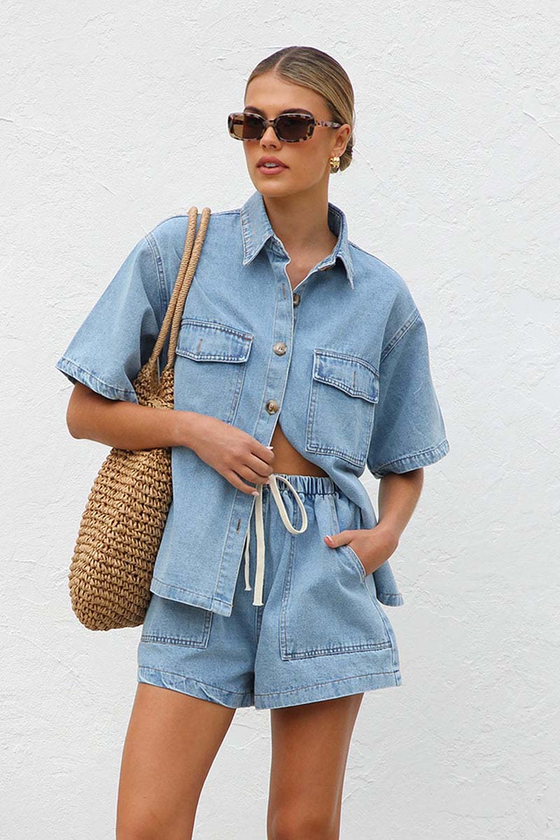 Button-Up Shirt and Shorts Denim Set