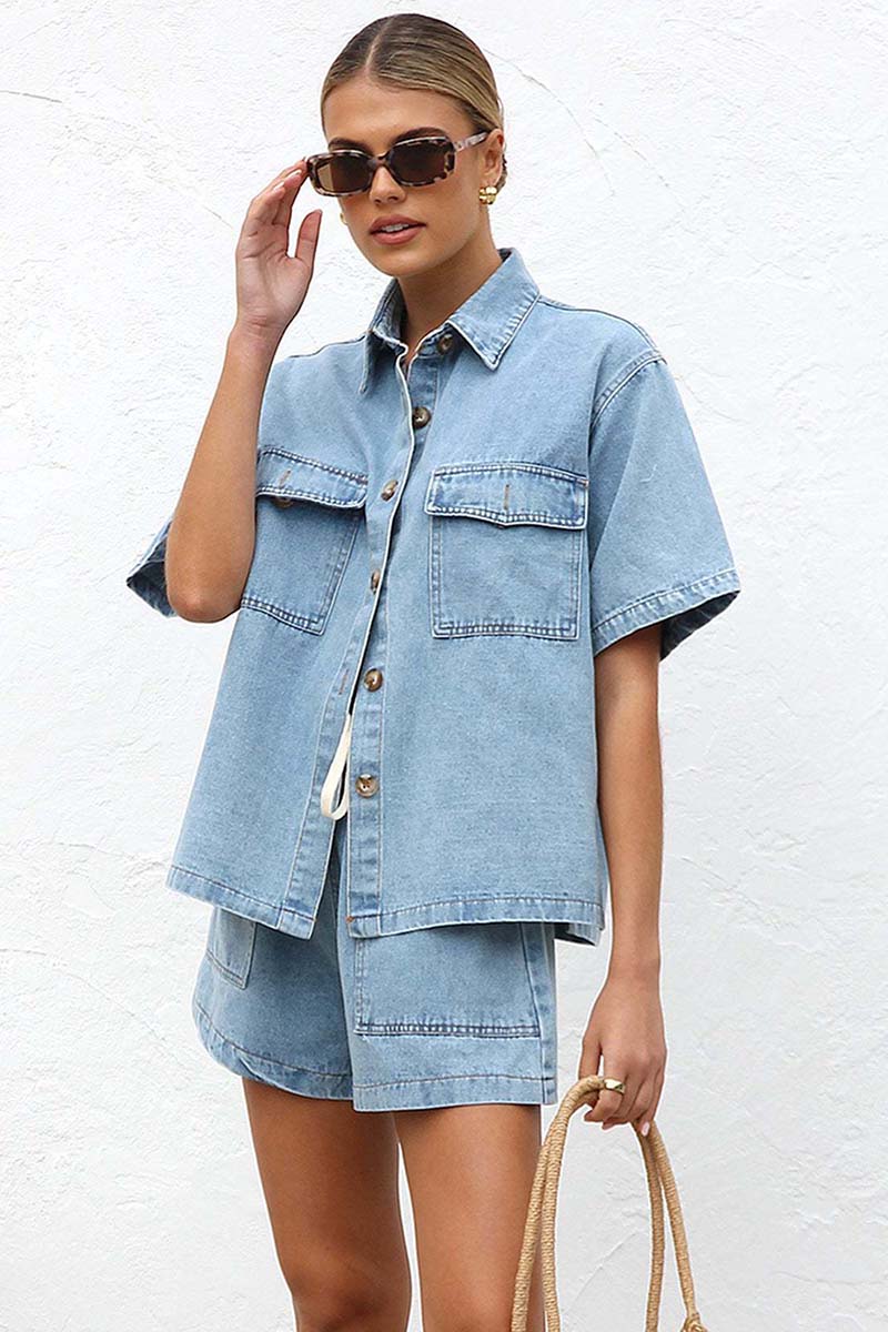 Button-Up Shirt and Shorts Denim Set