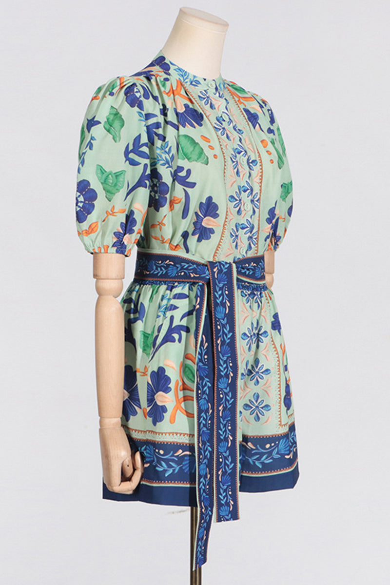 Botanical Print Top and Belted Shorts Set