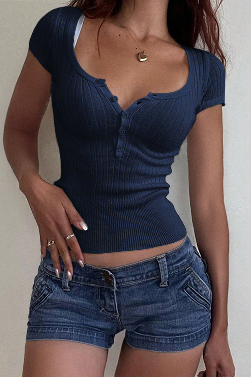 Buttoned Scoop Neck T-Shirt