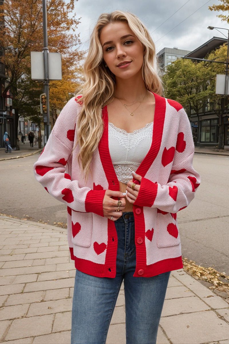 Button-Up Heart Patterned Cardigan