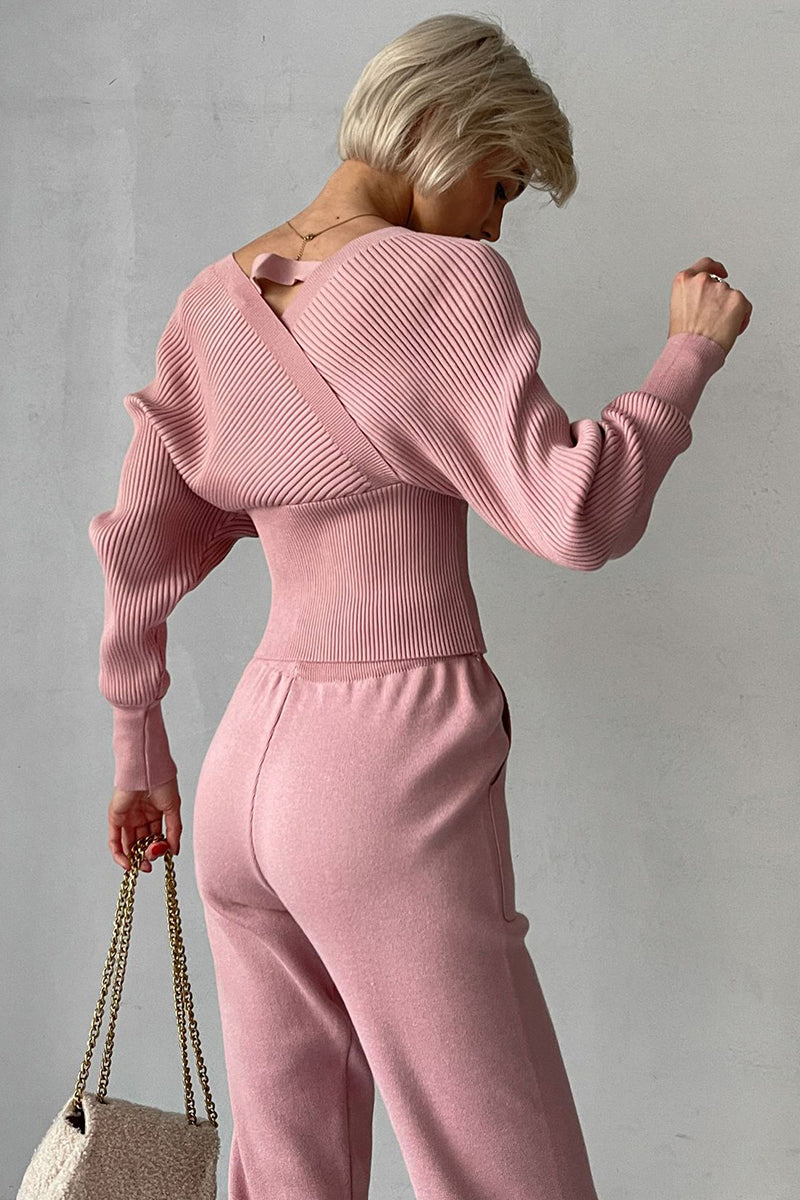 Batwing Sleeve Wrap Knit Sweater and Pants Set
