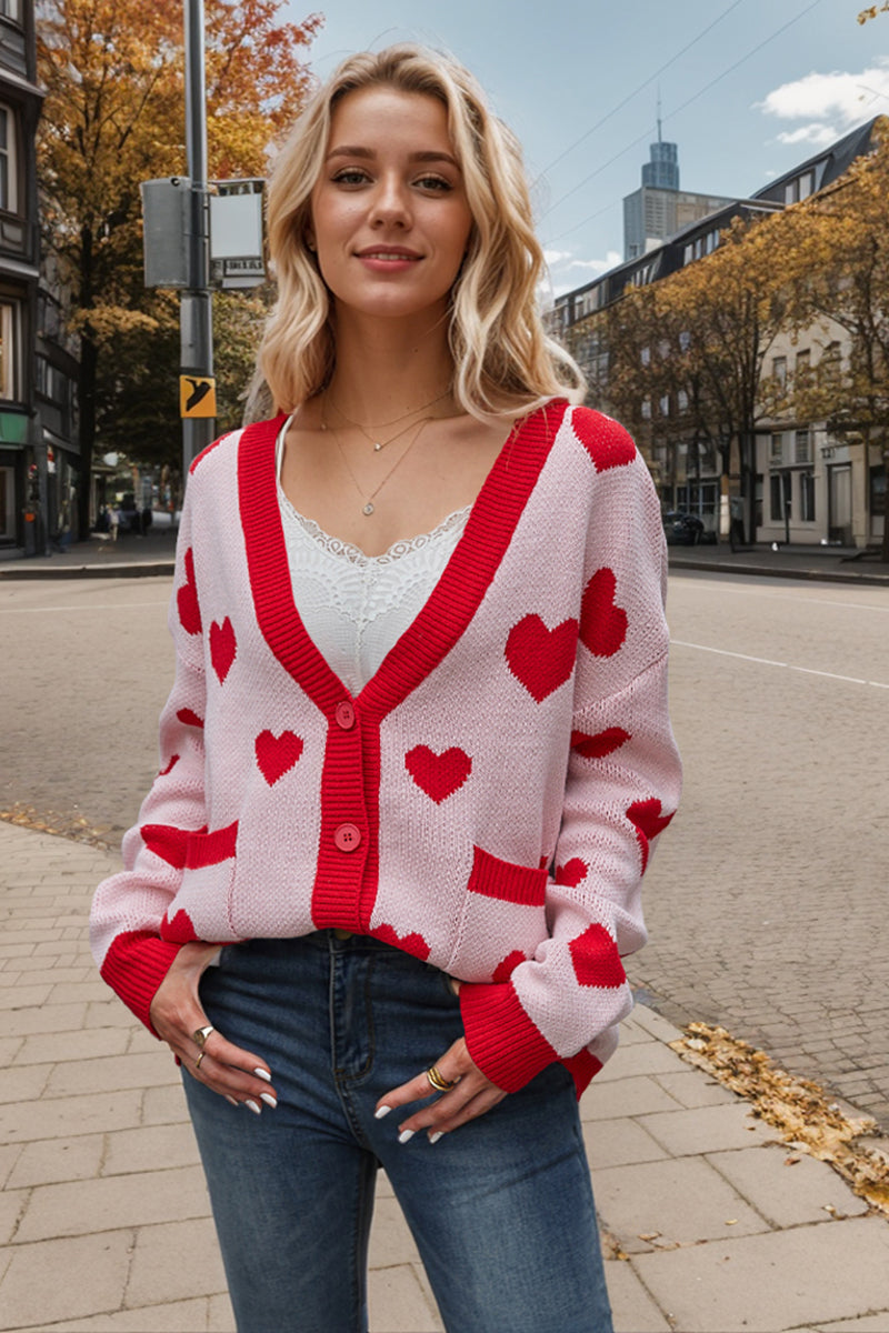 Button-Up Heart Patterned Cardigan