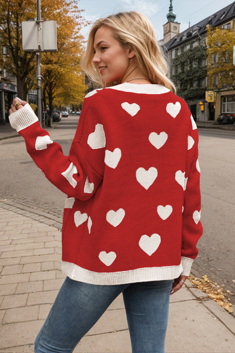 Button-Up Heart Patterned Cardigan