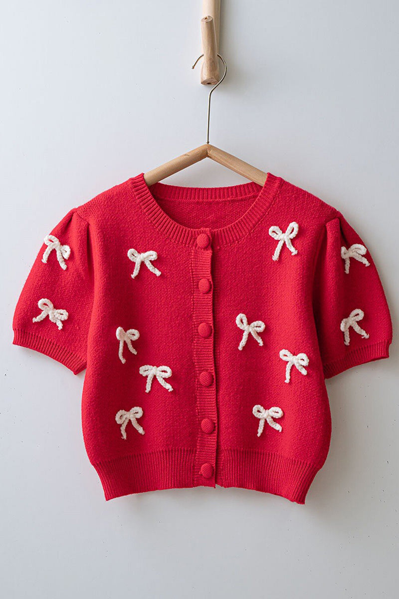 Bow Embellished Button-Up Cardigan