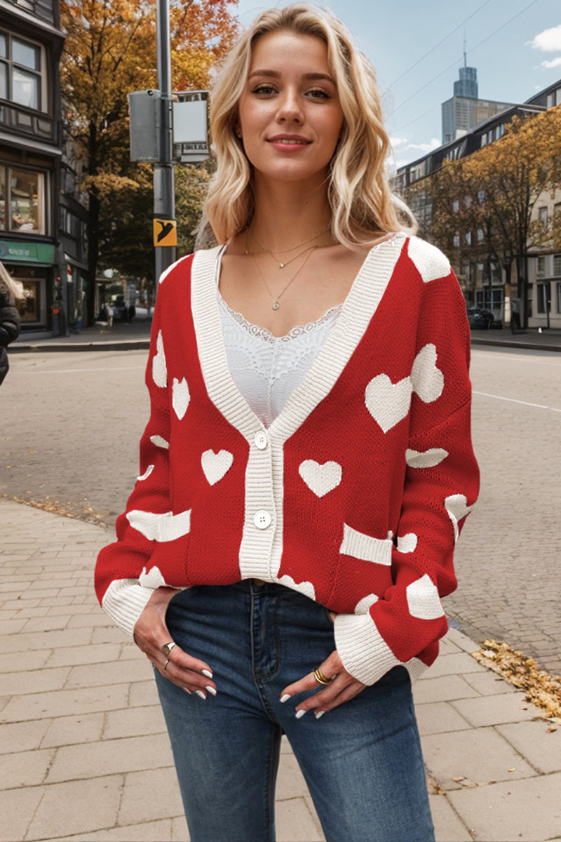 Button-Up Heart Patterned Cardigan