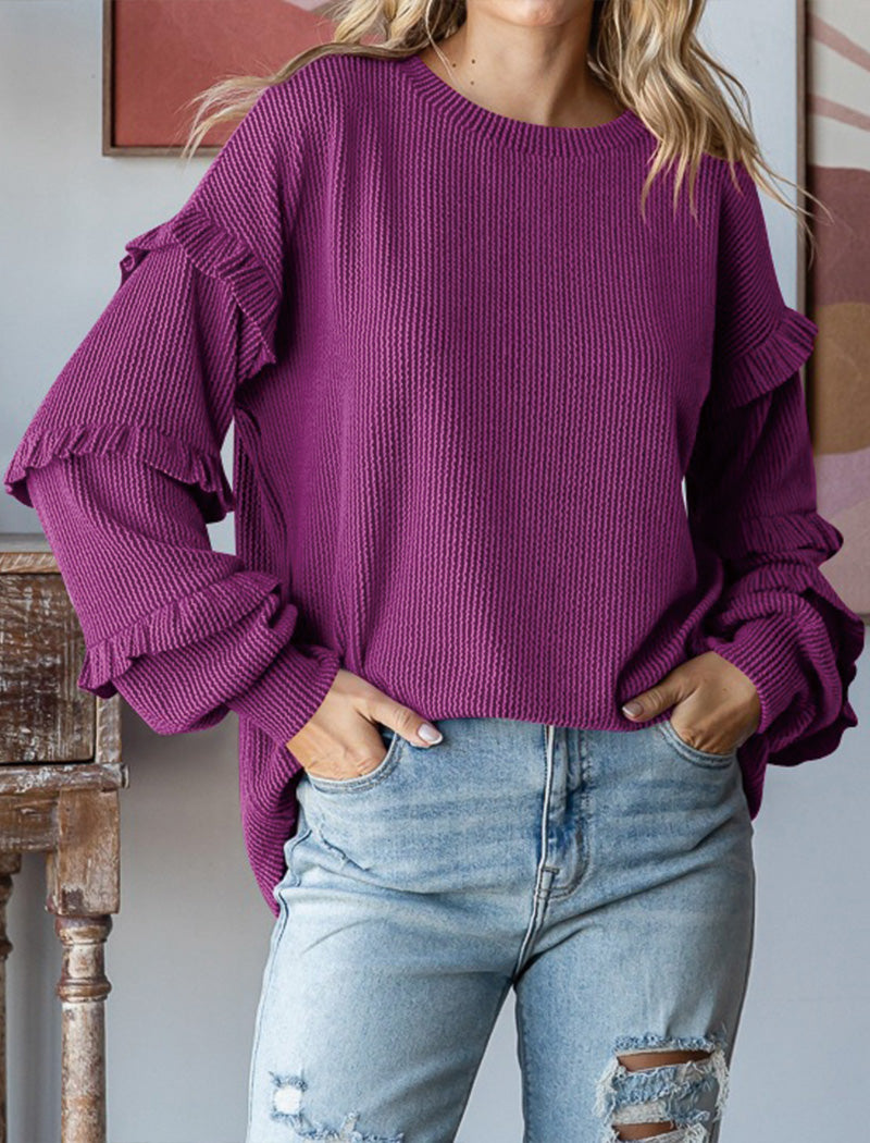 Balloon Sleeve Round Neck Pullover Top