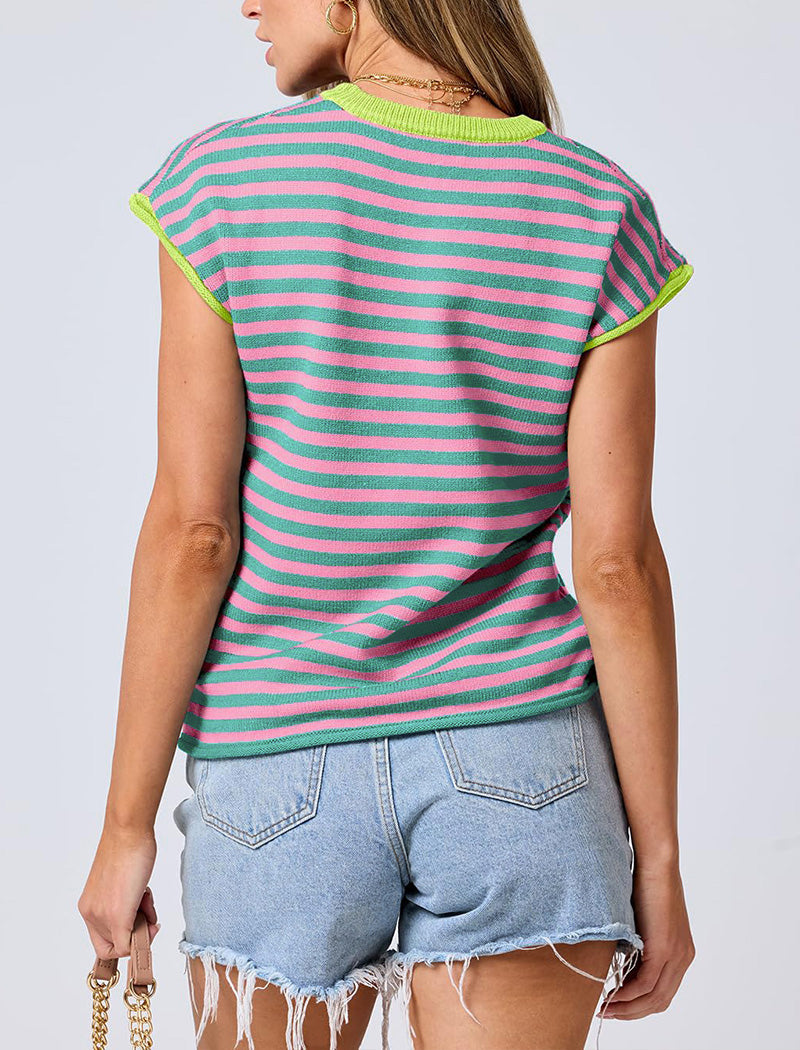 Cap Sleeve Contrast Trim Knit Top