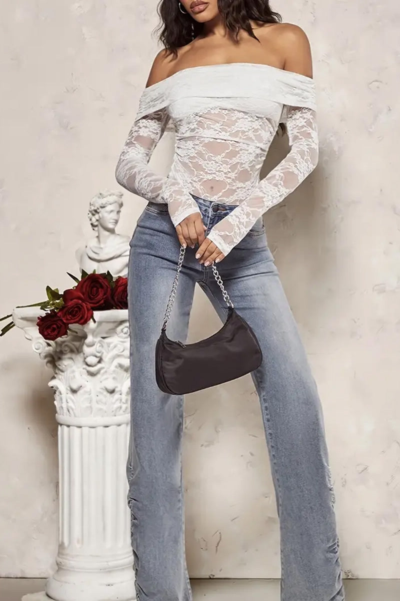 Off-Shoulder Lace Long Sleeve Top