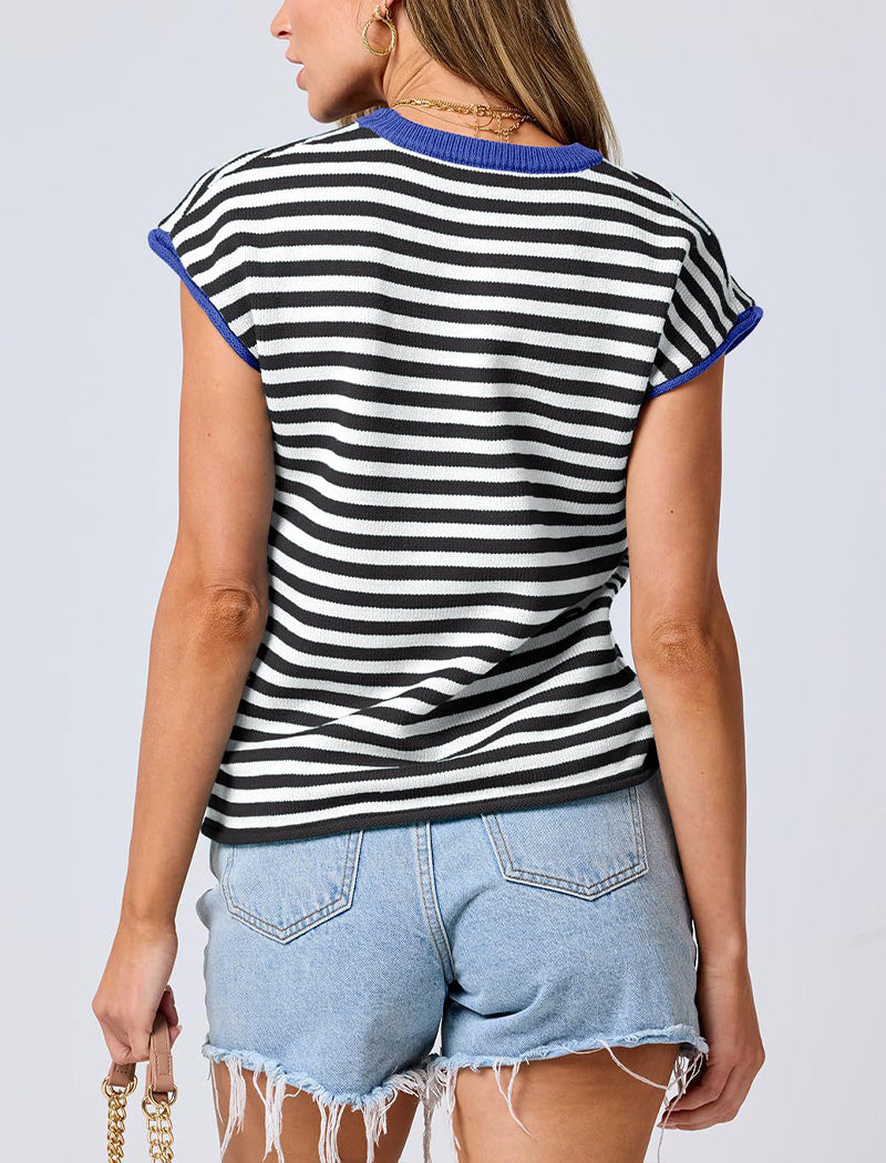 Cap Sleeve Contrast Trim Knit Top