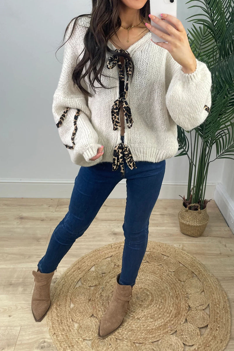 Leopard Bow Tie Knit Cardigan