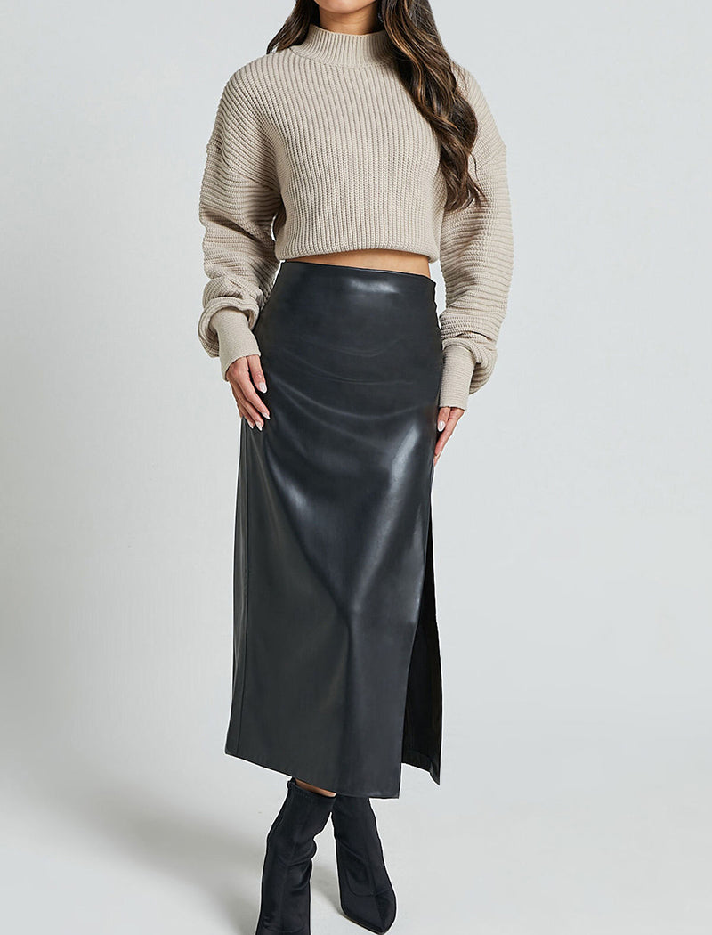 Faux Leather Skirt with Side Slit