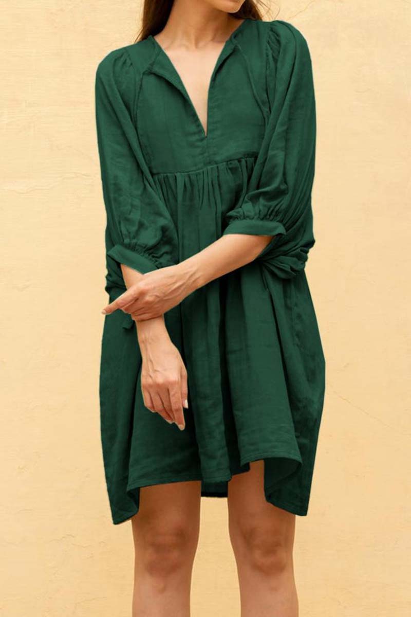 Balloon Sleeve V-Neck Dress