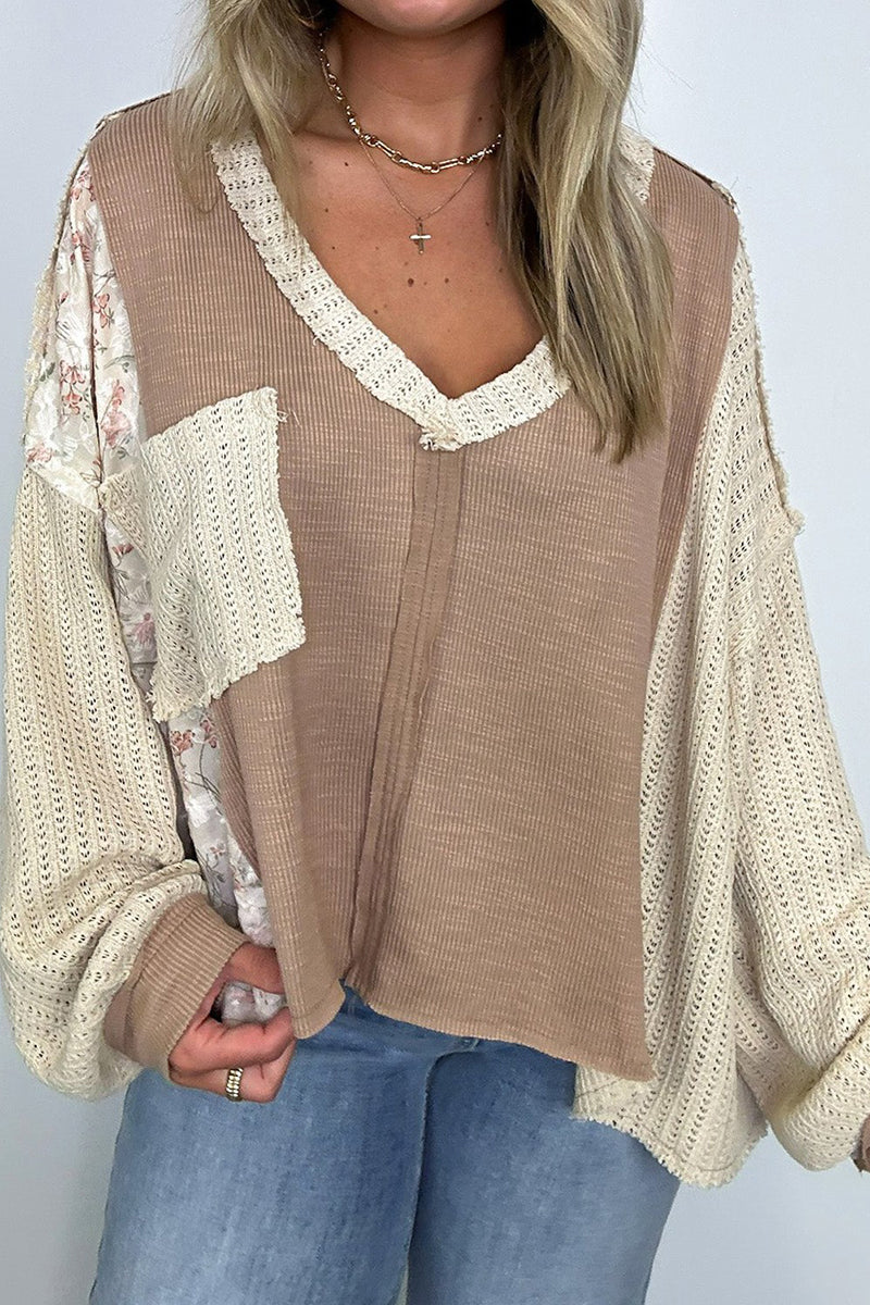 Patchwork Knit V-Neck Sweater