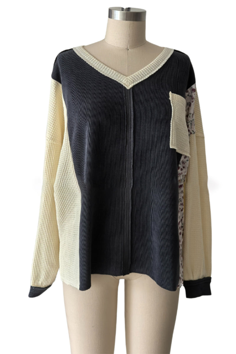 Patchwork Knit V-Neck Sweater