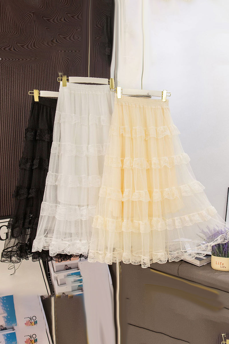 Tiered Mesh Lace Midi Skirt