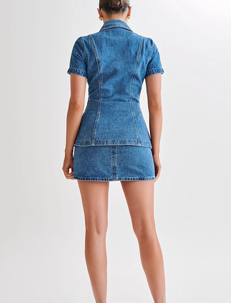 Short Sleeve Button-Up Denim Skirt Set