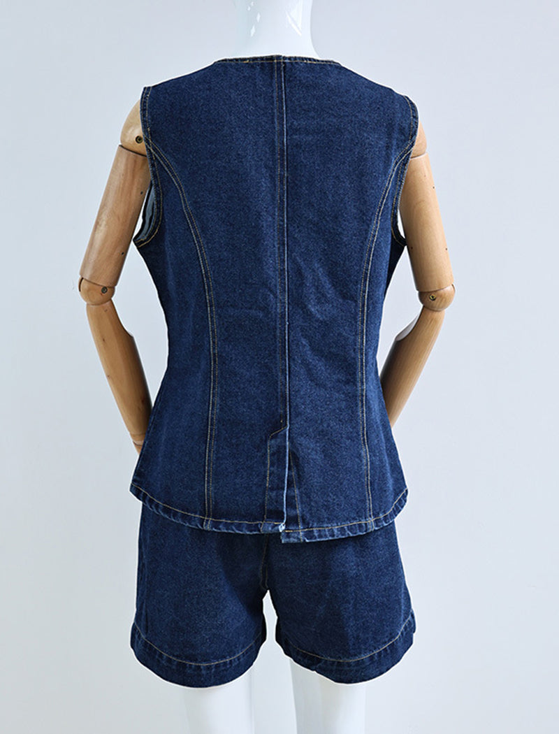 Button-Up Denim Vest and Shorts Set