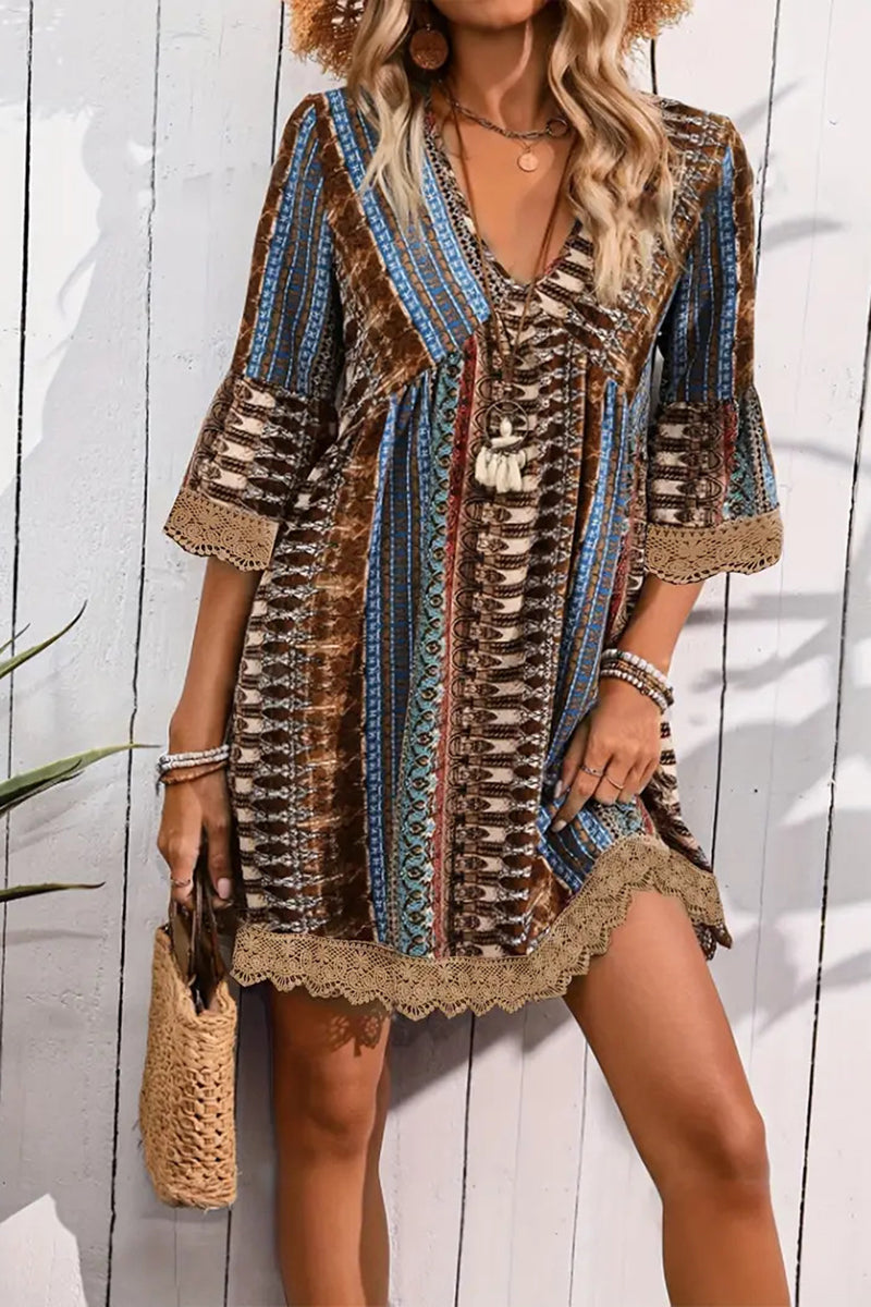 V-Neck Printed Casual Mini Dress