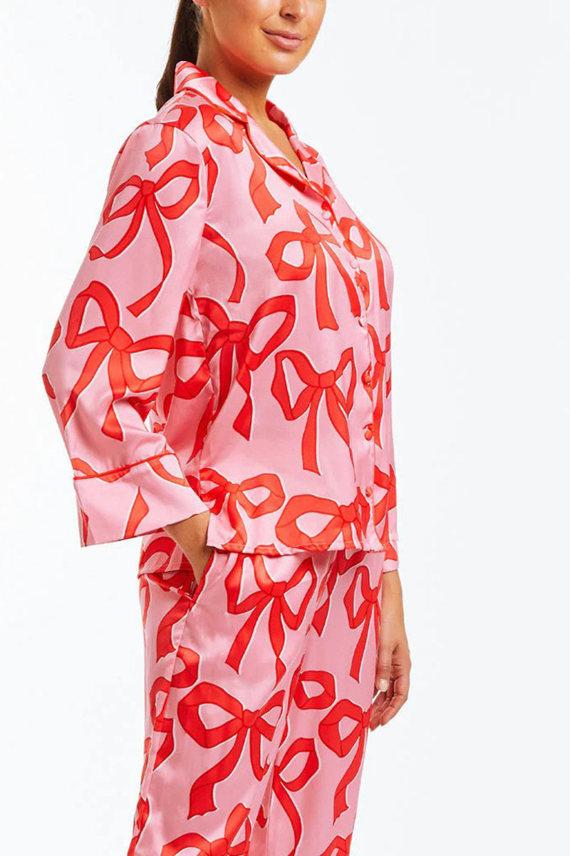 Ribbon Print Button-Up Pajama Set