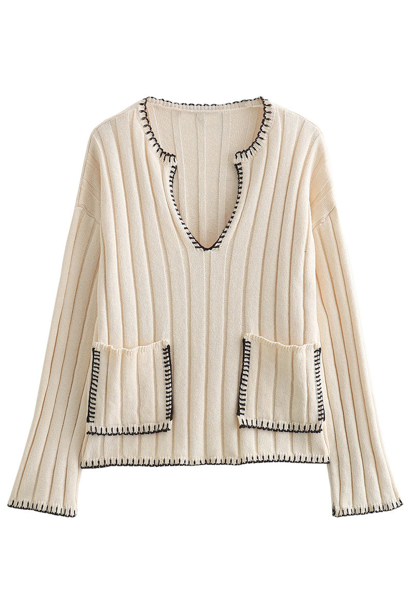 V-Neck Ribbed Knit Sweater