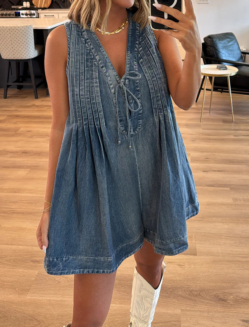 Sleeveless Tie-Front Denim Romper