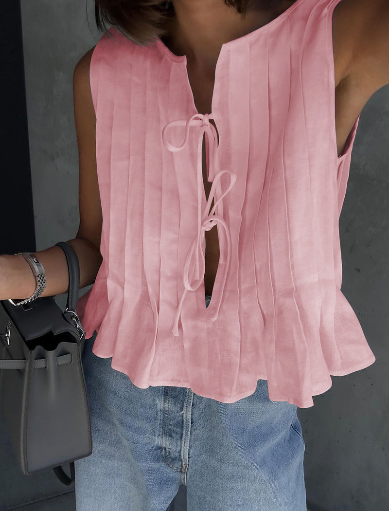 Sleeveless Pleated Tie-Front Top