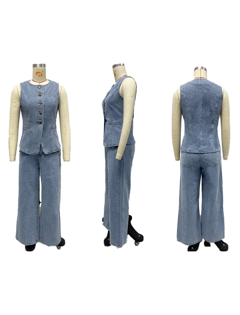 Buttoned Vest with Wide-Leg Denim Set