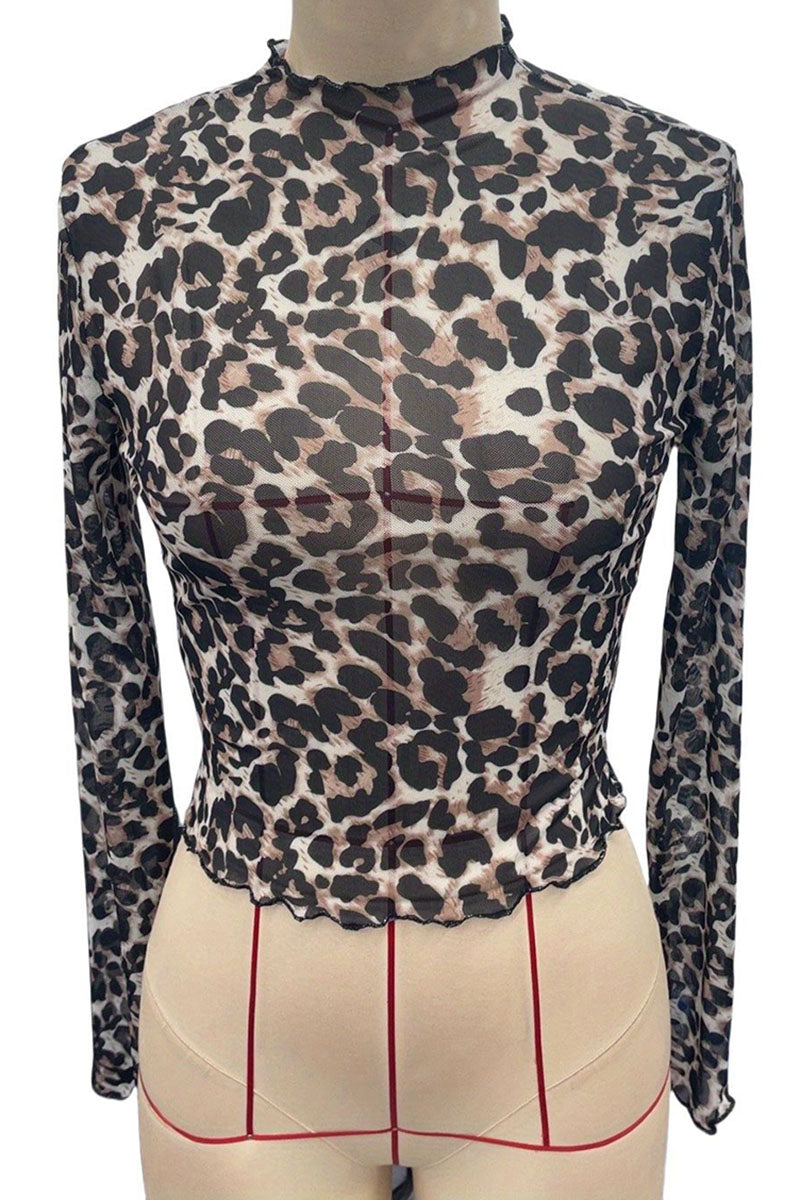 Long Sleeve Leopard Mesh Crop Top