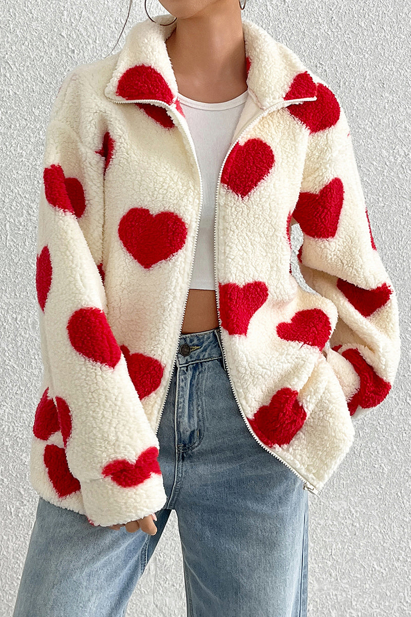 Heart Print Fleece Zip-Up Jacket