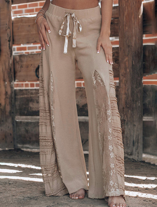 Wide-Leg Lace Detail Drawstring Pants