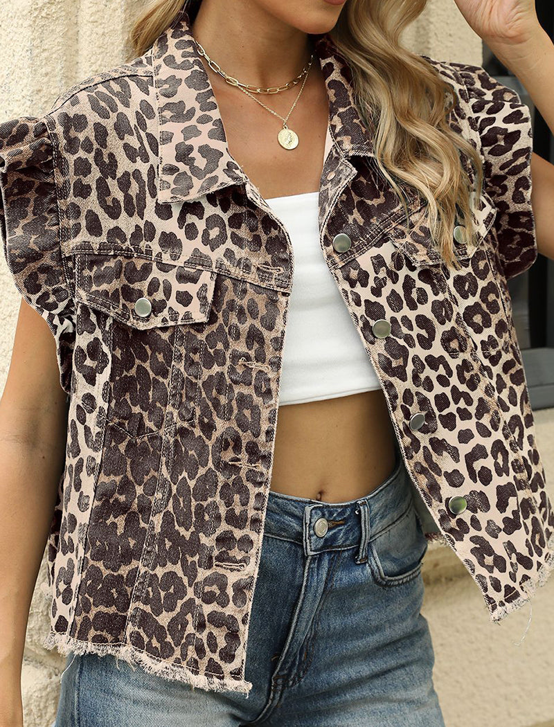 Leopard Print Ruffle-Sleeve Denim Vest