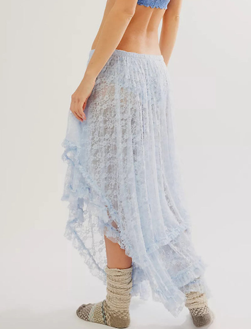 Asymmetrical  Lace Tiered Midi Skirt