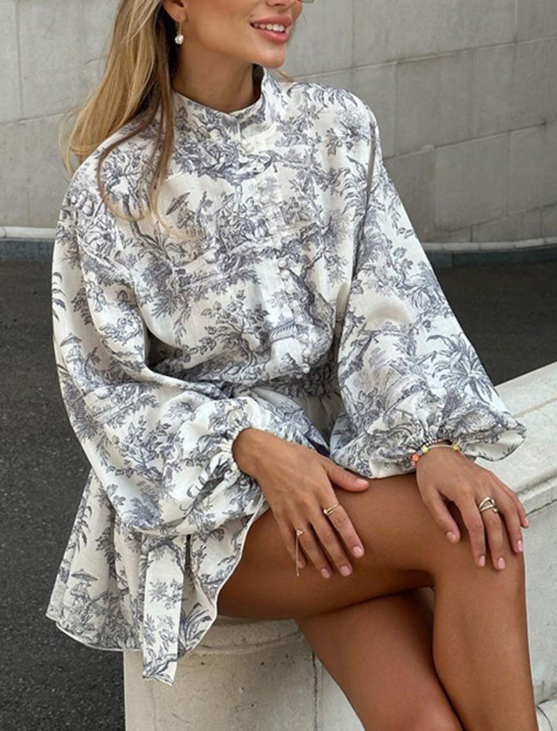 Printed Puff Sleeve Tie Mini Dress