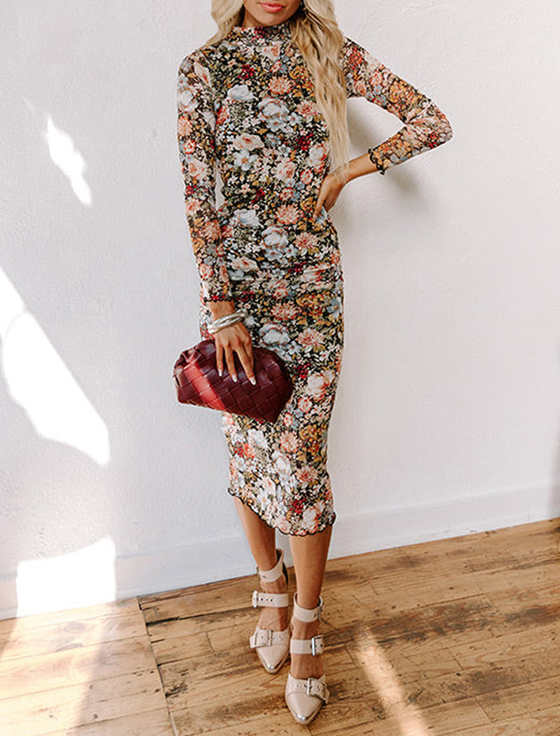 High Neck Floral Print Dress