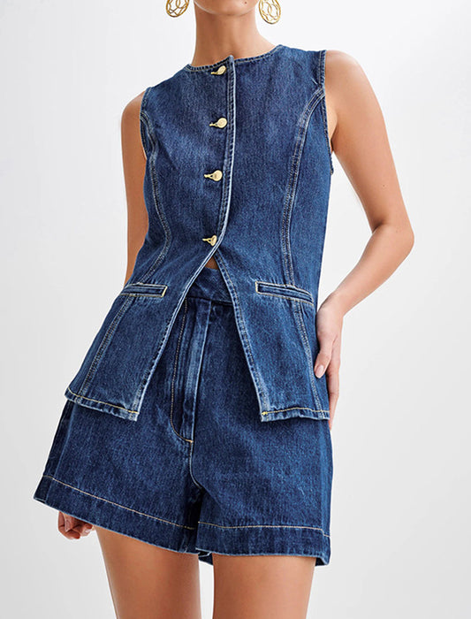 Button-Up Denim Vest and Shorts Set