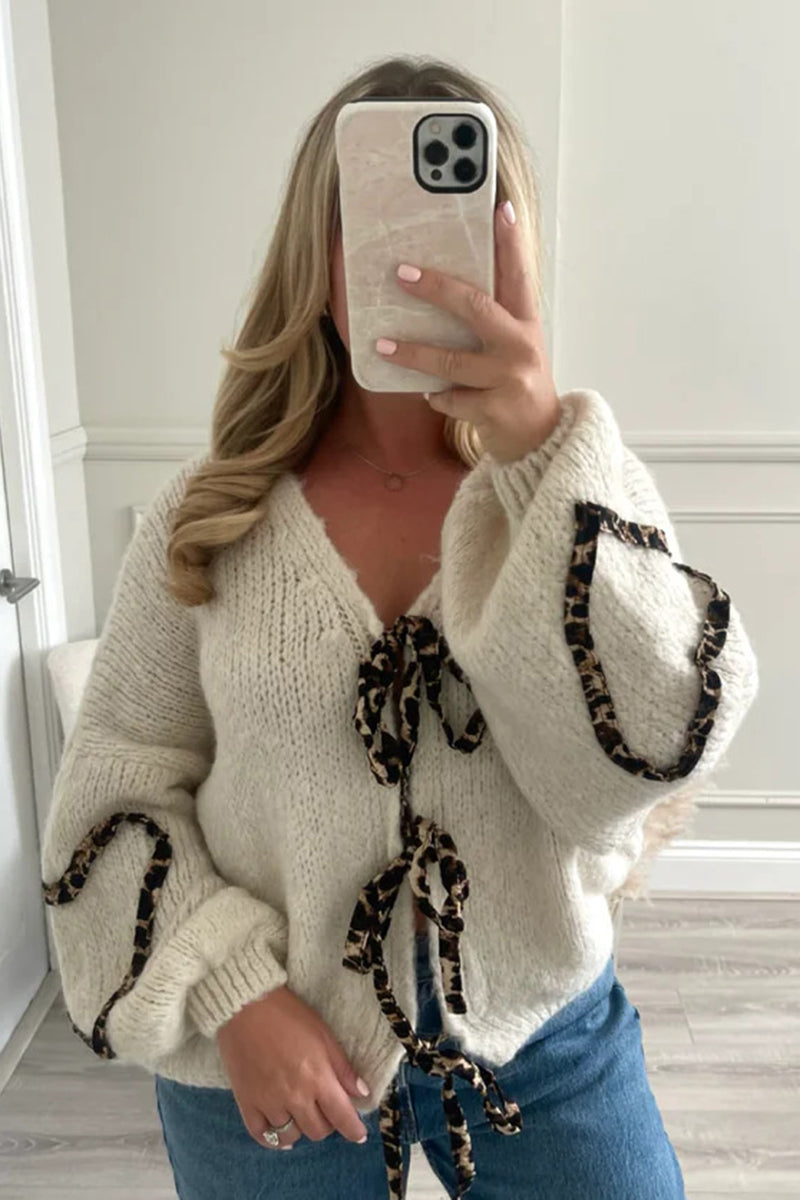 Leopard Bow Tie Knit Cardigan