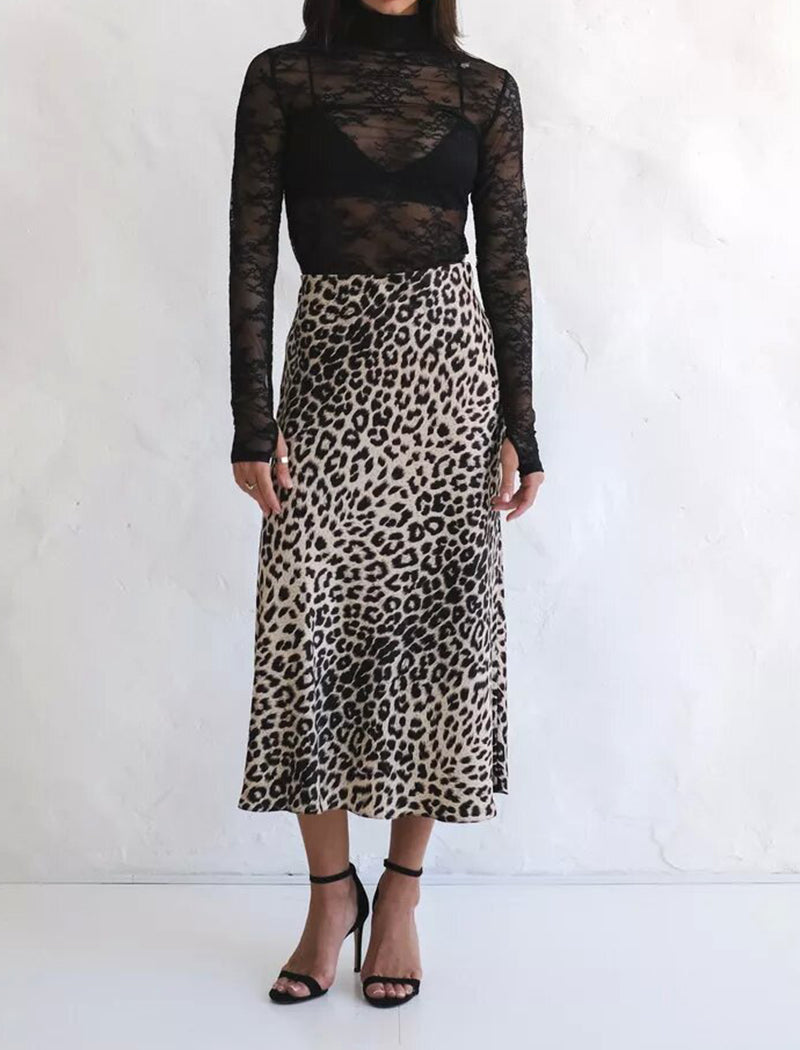 Satin Leopard Print Skirt