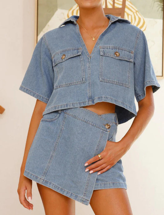 V-Neck Denim Top and Shorts Set