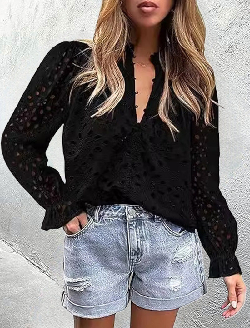 Bell Sleeve V-Neck Lace Top