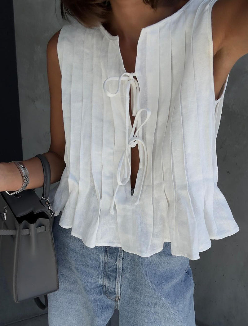 Sleeveless Pleated Tie-Front Top