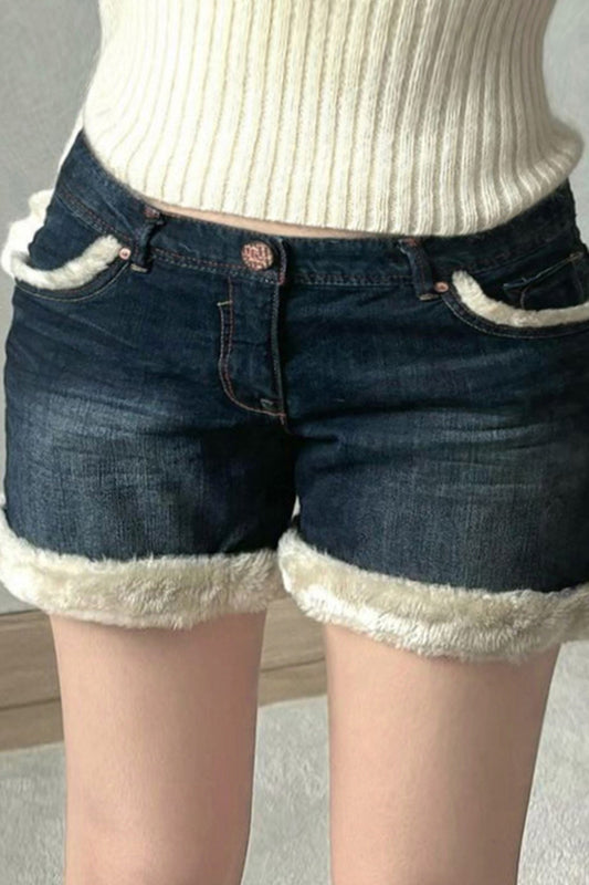 Faux Fur Trimmed Denim Shorts