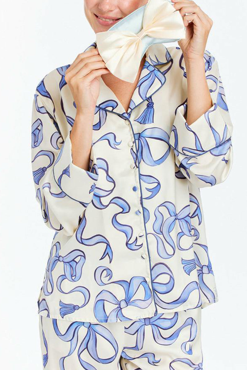 Ribbon Print Button-Up Pajama Set